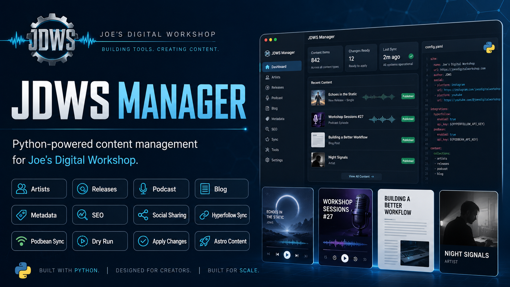 JDWS Manager interface showing Python-powered content management for artists, releases, podcasts, blog posts, metadata, SEO, social sharing, syncing, and Astro content.